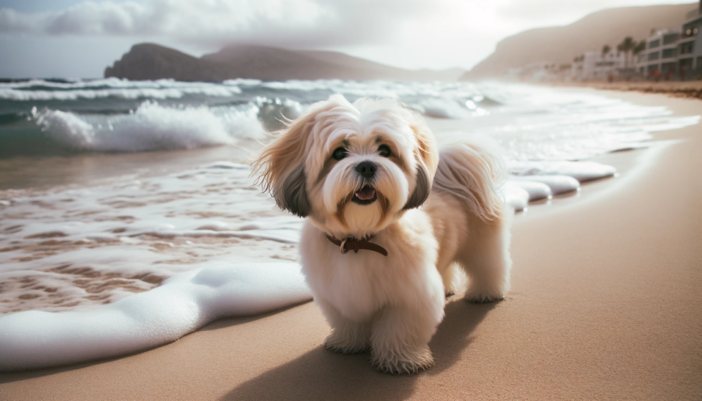 Foto Lhasa Apso koerast, kes naudib jalutuskäiku rannas, mille taga lained õrnalt kokku löövad.