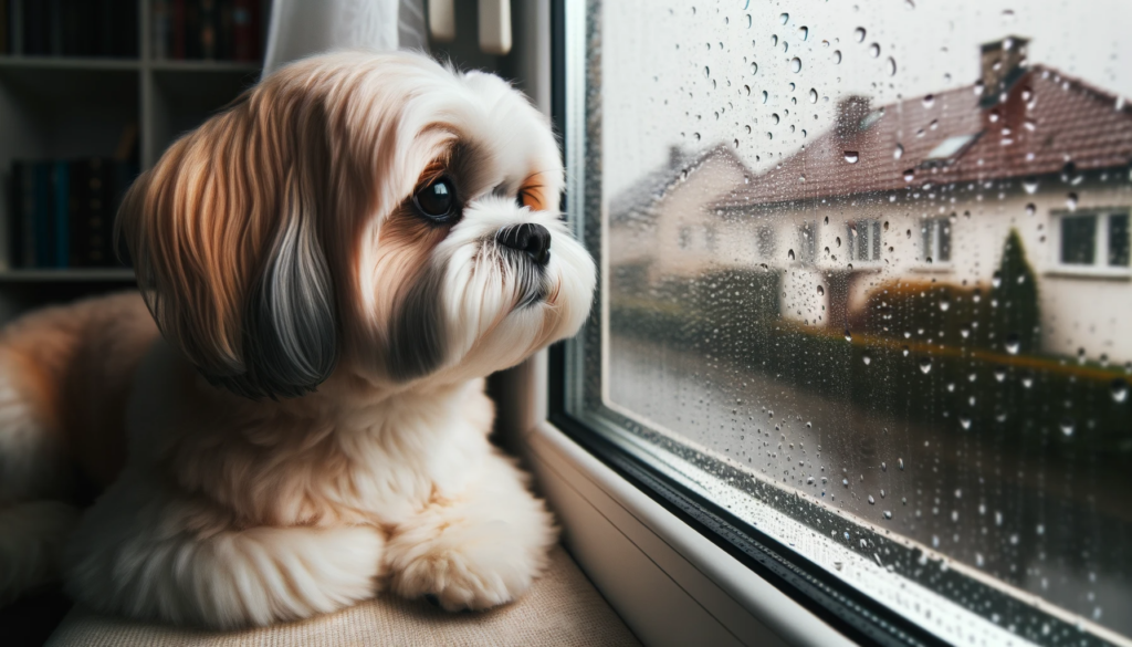 Foto Lhasa Apso koerast, kes vaatab vihmasel päeval aknast välja ja klaasil on näha vihmapiisad.