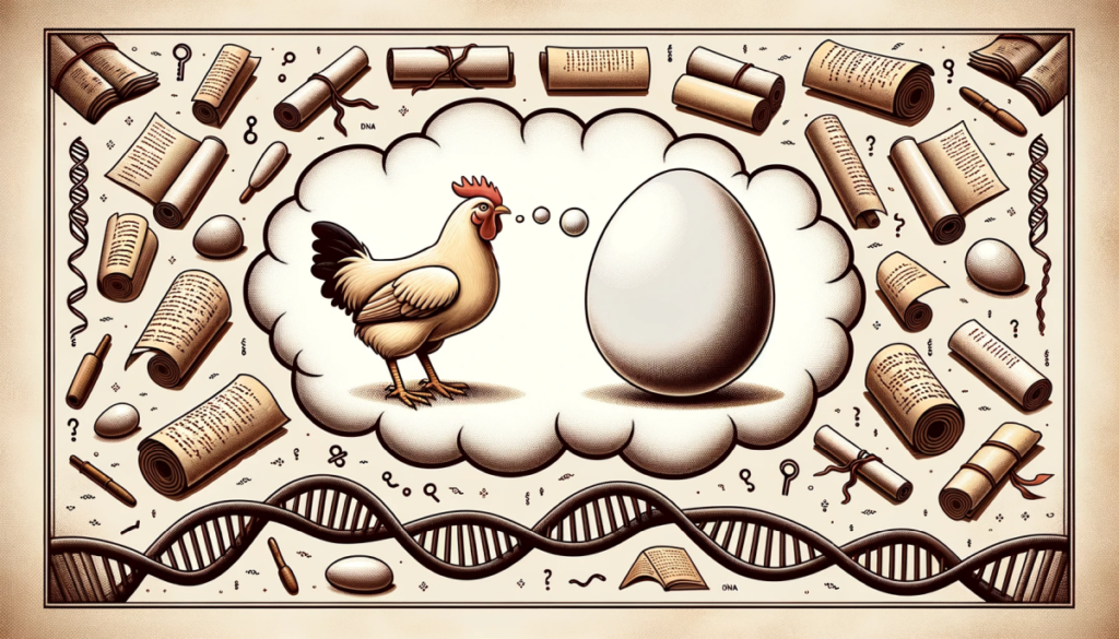 Lai illustratsioon kanast, kes mõtleb munale ja vastupidi, esindades nende päritolu saladust. Nende ümber on iidsed kirjarullid ja DNA.