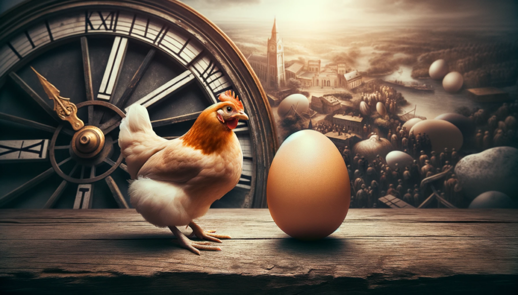 Lai foto kanast muna kõrval, mis sümboliseerib igivana küsimust, kumb neist oli enne. Taustaks on segu ajaloolistest ja kaasaegsetest elementidestest.