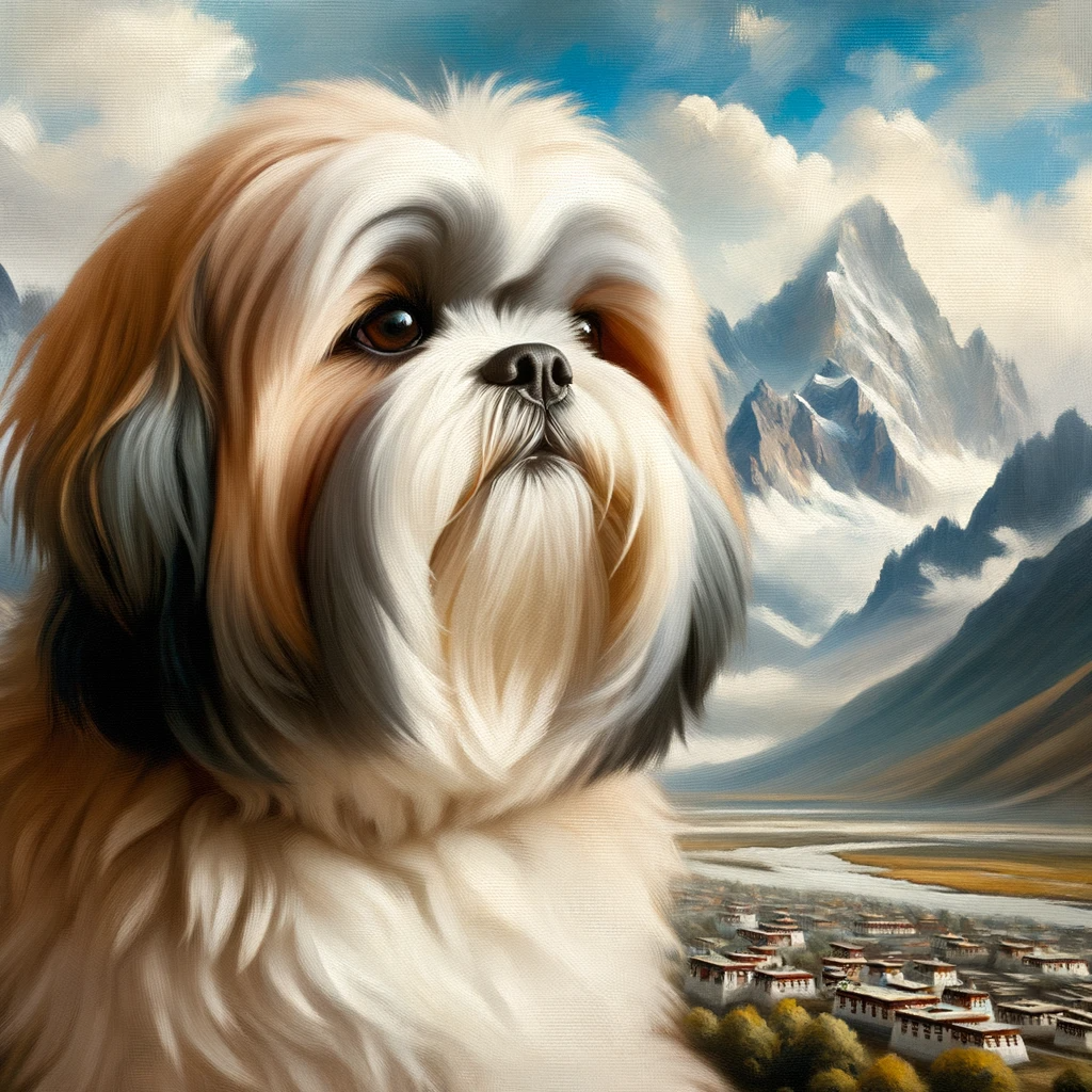 Õlimaali stiilis kujutatud Lhasa apso koer, kes näeb kuninglik välja mägise Tiibeti taustaga.