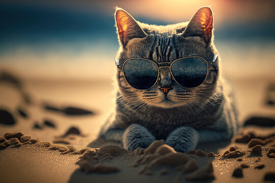 Päikeseprillidega kass rannal.