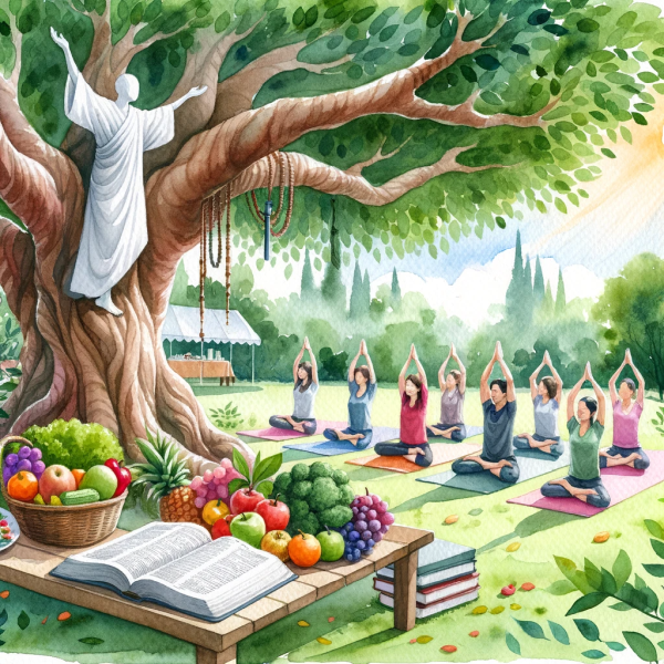 Suure puu all käimasoleva joogaseansi akvarellmaal. Praktiseerijate kõrval on laud avatud Piibli ja täidetud taldrikuga.